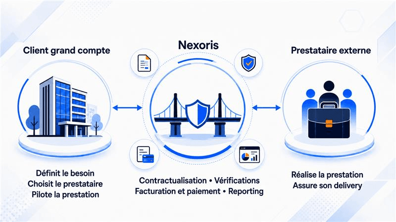 Schéma du portage commercial : le client grand compte et le prestataire sont reliés par Nexoris, qui assure l'intermédiation contractuelle, administrative et financière du dispositif.